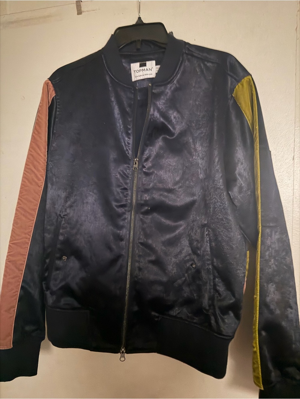 Topman Navy Satin Bomber Jacket with Olive and Dusty Pink Sleeves